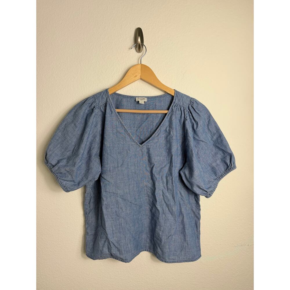 J.Crew Womens Chambray V-neck Top Puff Sleeves Preppy Jean Size Small